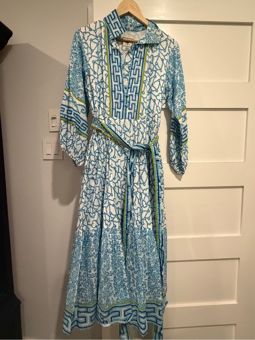 Sue Sartor Light Blue and White Printed Maxi Shirt Dress with Belt